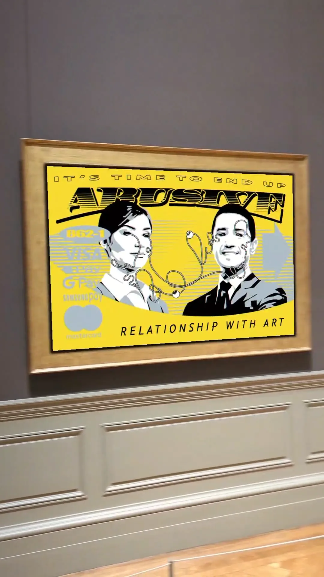 Yellow graphic art print with two office-like figures and the words It’s Time to End an Abusive Relationship With Art