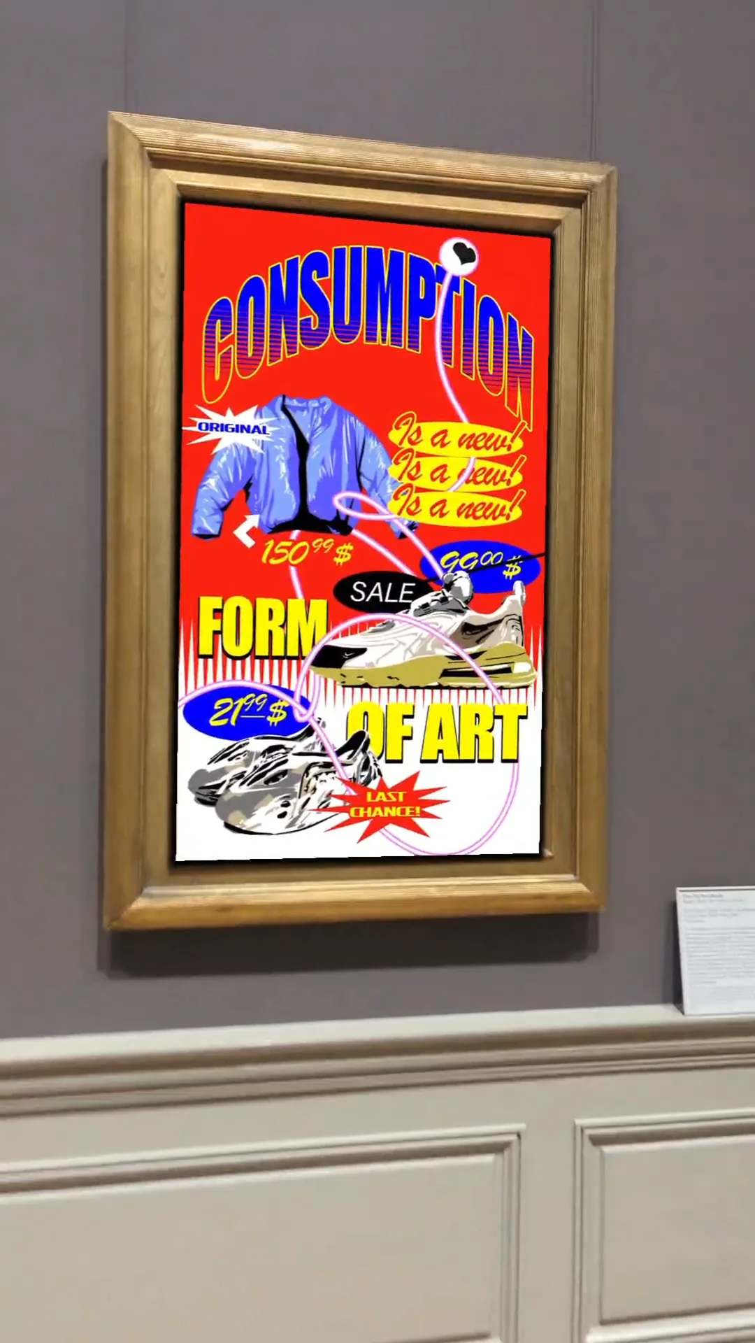 Red graphic art print resembling a sale advertisement with jacket sneakers prices and the words Consumption Is a New Form of Art