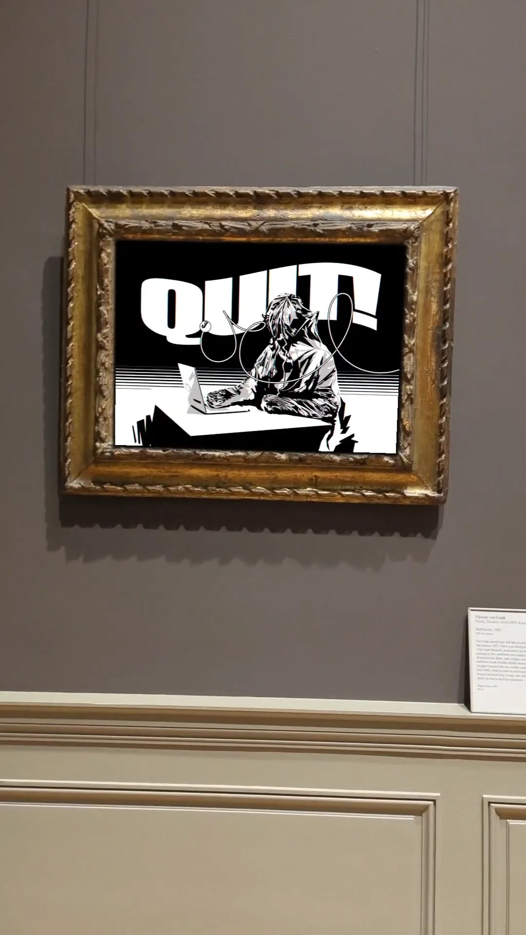 Black and white graphic art print showing a person at a laptop beneath the word Quit